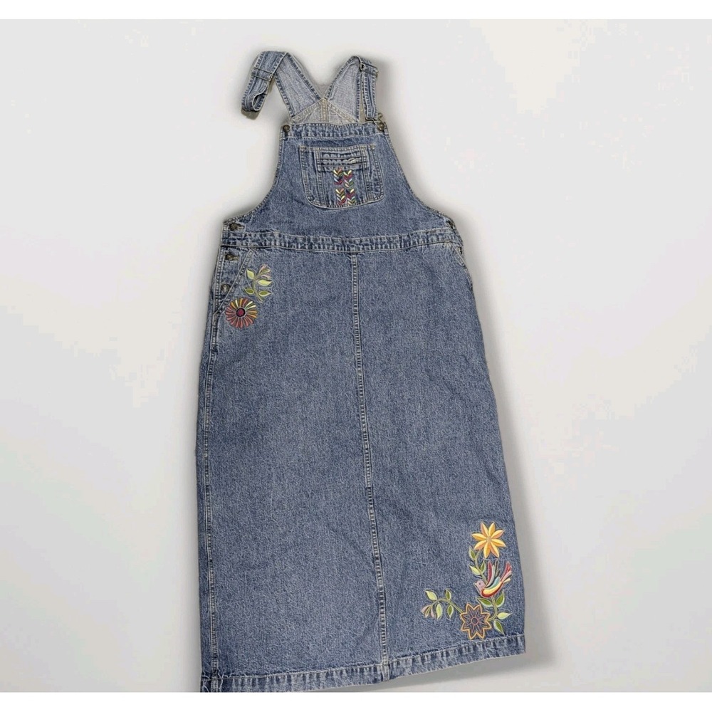 VTG Y2K Cottagecore Denim Overall Dress Embroidered Floral‎ Maxi Jumper 14W